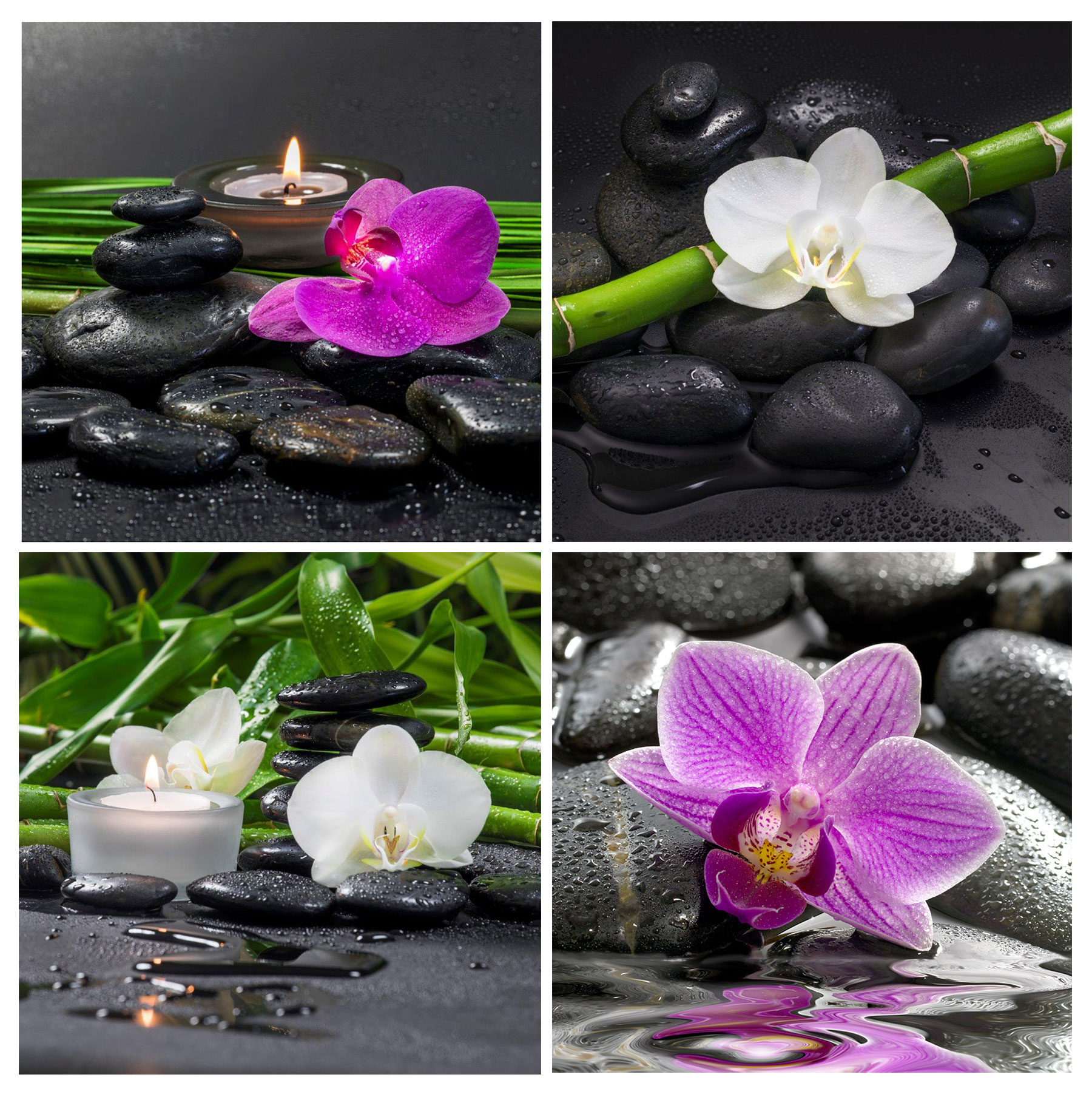 Glasbild 4er Set je 30x30cm Wandbild Glas lila Orchideen Blume Wanddeko Wellness