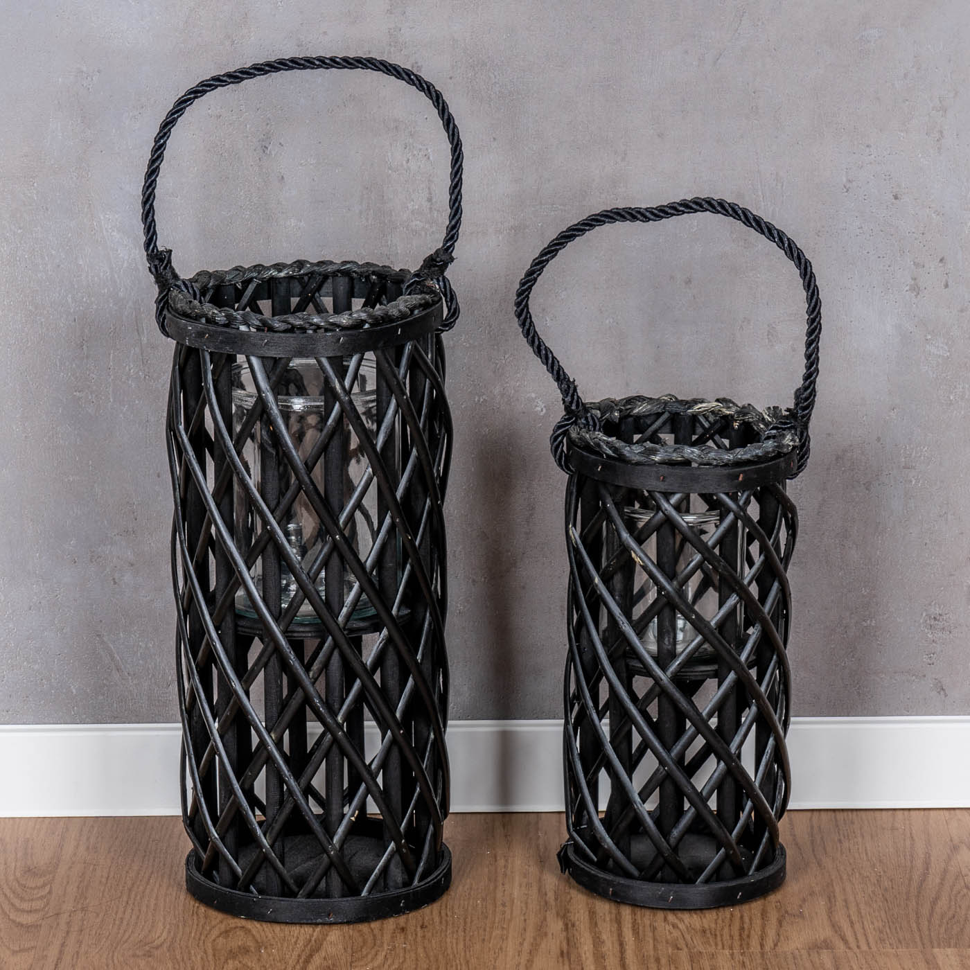 2er Set Laterne Windlicht H40cm H31cm Schwarz Holz Weide Kerzenhalter Garten
