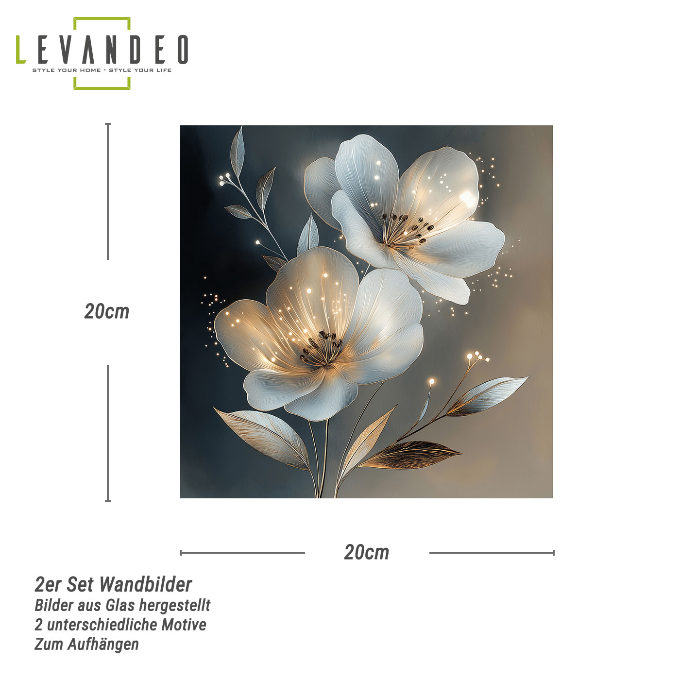 2er Set Wandbild 20x20cm Abstract Floral Art Blumen Glas Kunstdruck Wanddeko