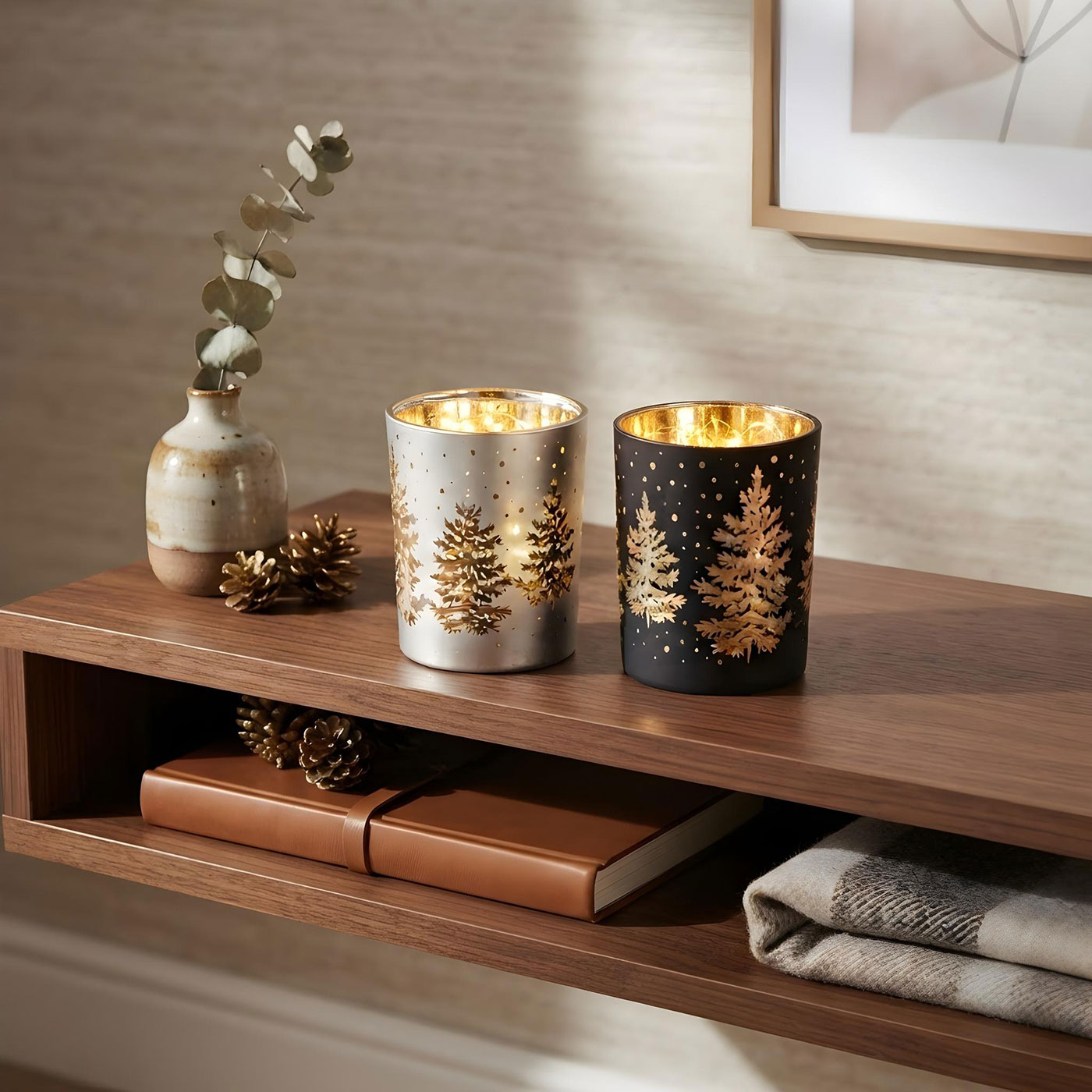 2er Set Windlicht Schwarz Gold Silber Tannenbaum Teelichthalter Weihnachten Deko