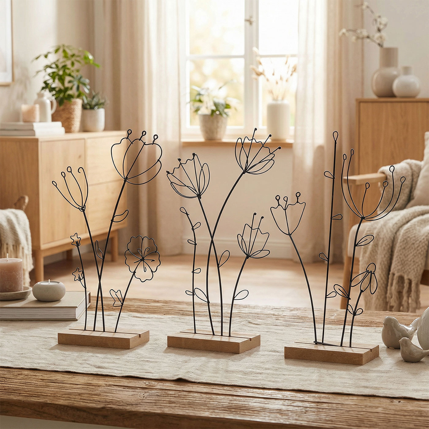 3er Set Aufsteller Blume Metall MDF Schwarz Natur Draht Deko Tischdeko Frühling