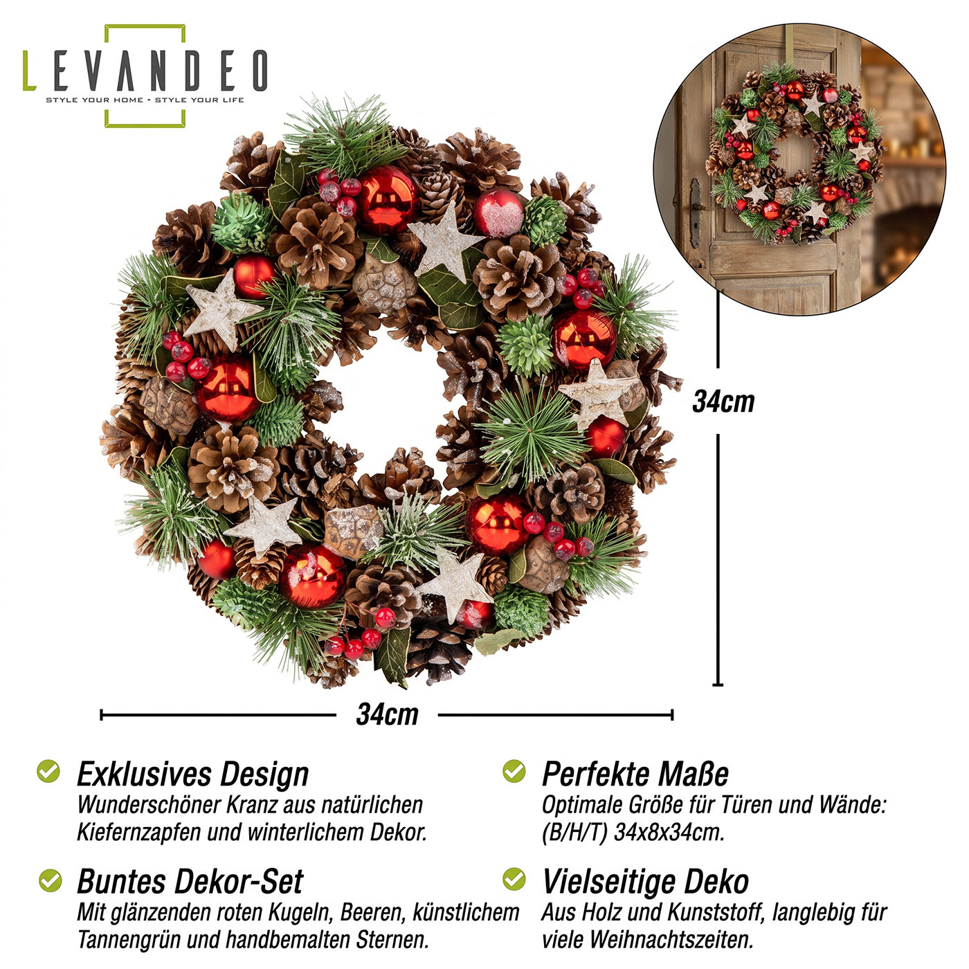Weihnachtskranz 34cm Türkranz Tischdeko Weihnachten Zapfen Adventskranz Deko