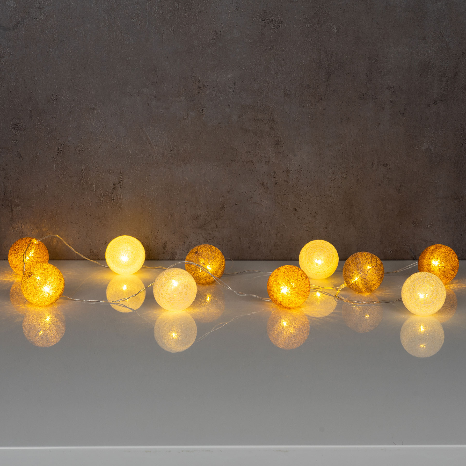 10er Lichterkette LED Ø6cm Kugeln Girlande Lampions Baumwolle Gelb Rosa Deko