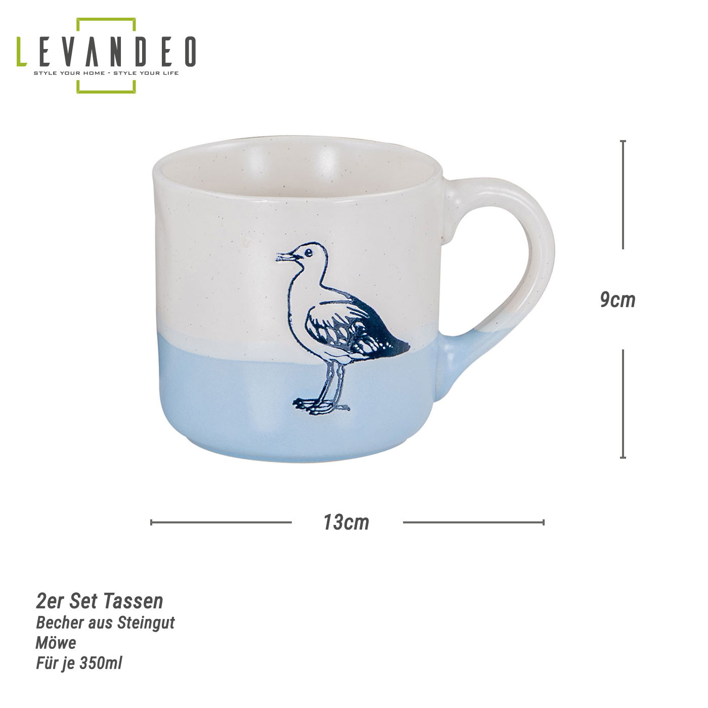 2er Set Tassen Möwe 350ml Steingut Kaffeetasse Becher Blau Maritim Design