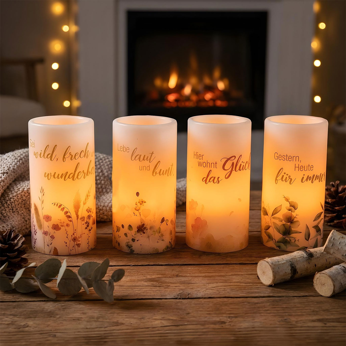 4er Set LED Kerzen Echtwachs Weiß 15x7cm Spruch Blumen Flammenlos Tischdeko
