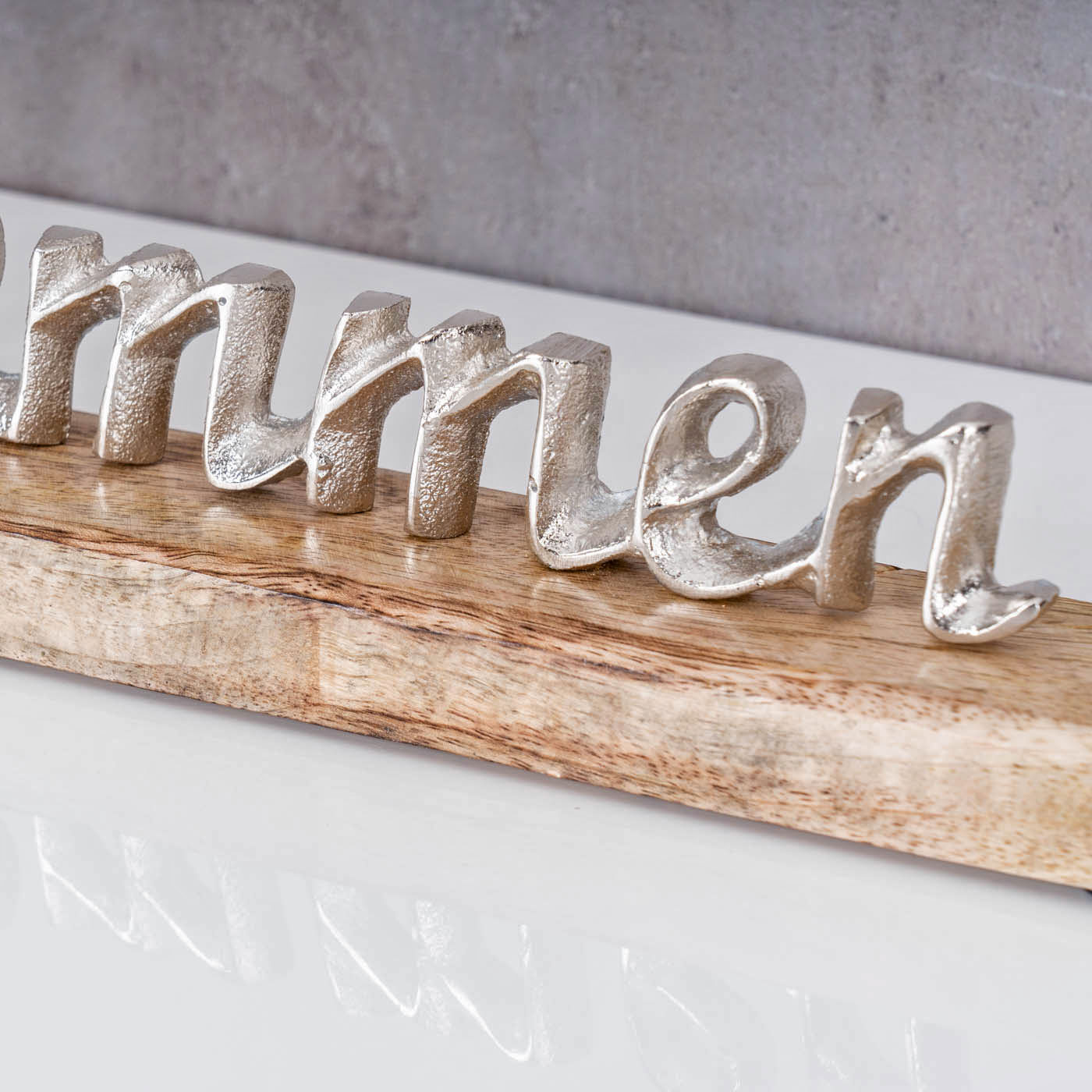 Schriftzug Willkommen L45cm Metall Silber Mango Holz Tischdeko Deko Aufsteller