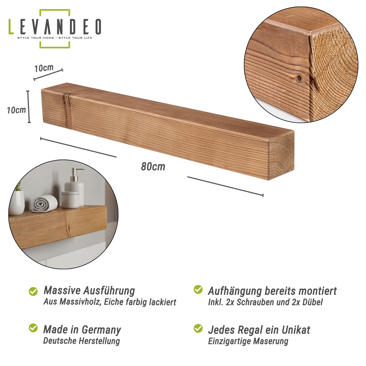 levandeo Wandregal Holz Massiv 80x10cm Eiche Farbig Wandboard Regal Vintage