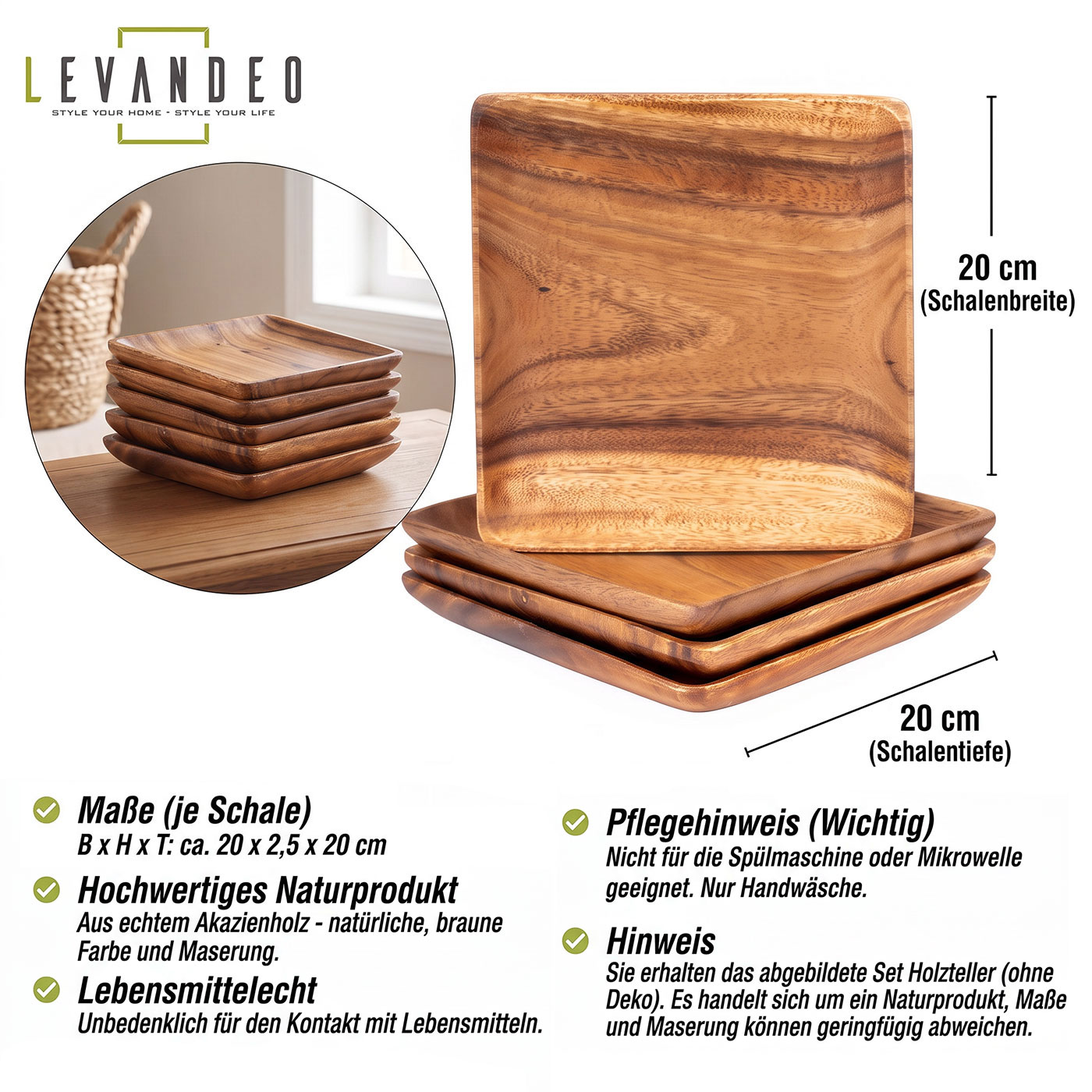 4er Set Holzteller Akazienholz 20x20cm Holzschale Dekoschale Tischdeko Obstschale
