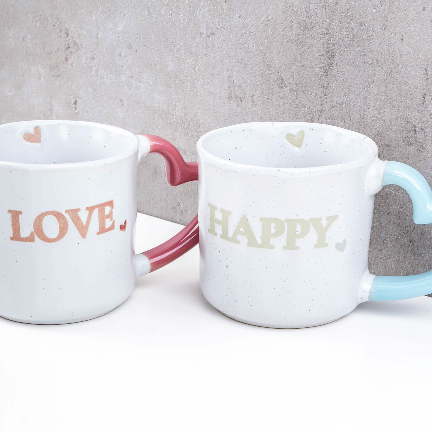 2er Set Tassen Steingut 350ml Herz Happy Love Kaffeebecher Kaffeetasse Geschenk