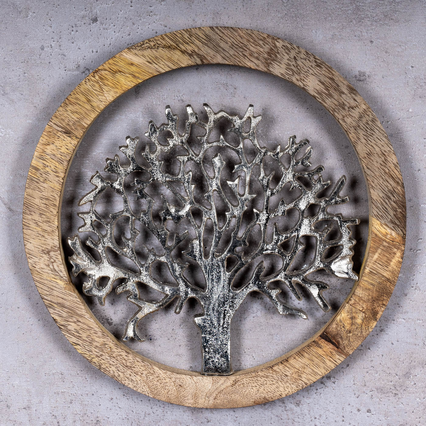 Wandbild Ø25cm Lebensbaum Metall Holz Mango Silber Braun Bild Wand-Deko Hänger