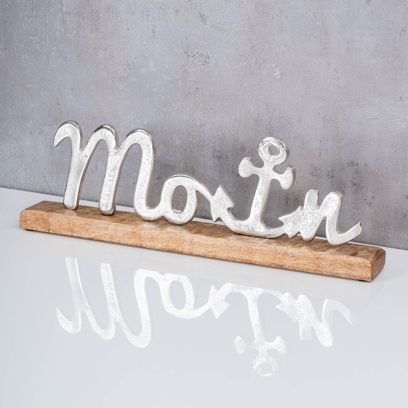 Aufsteller Moin L40cm Metall Silber Mango Holz Maritim Tischdeko Deko Schriftzug