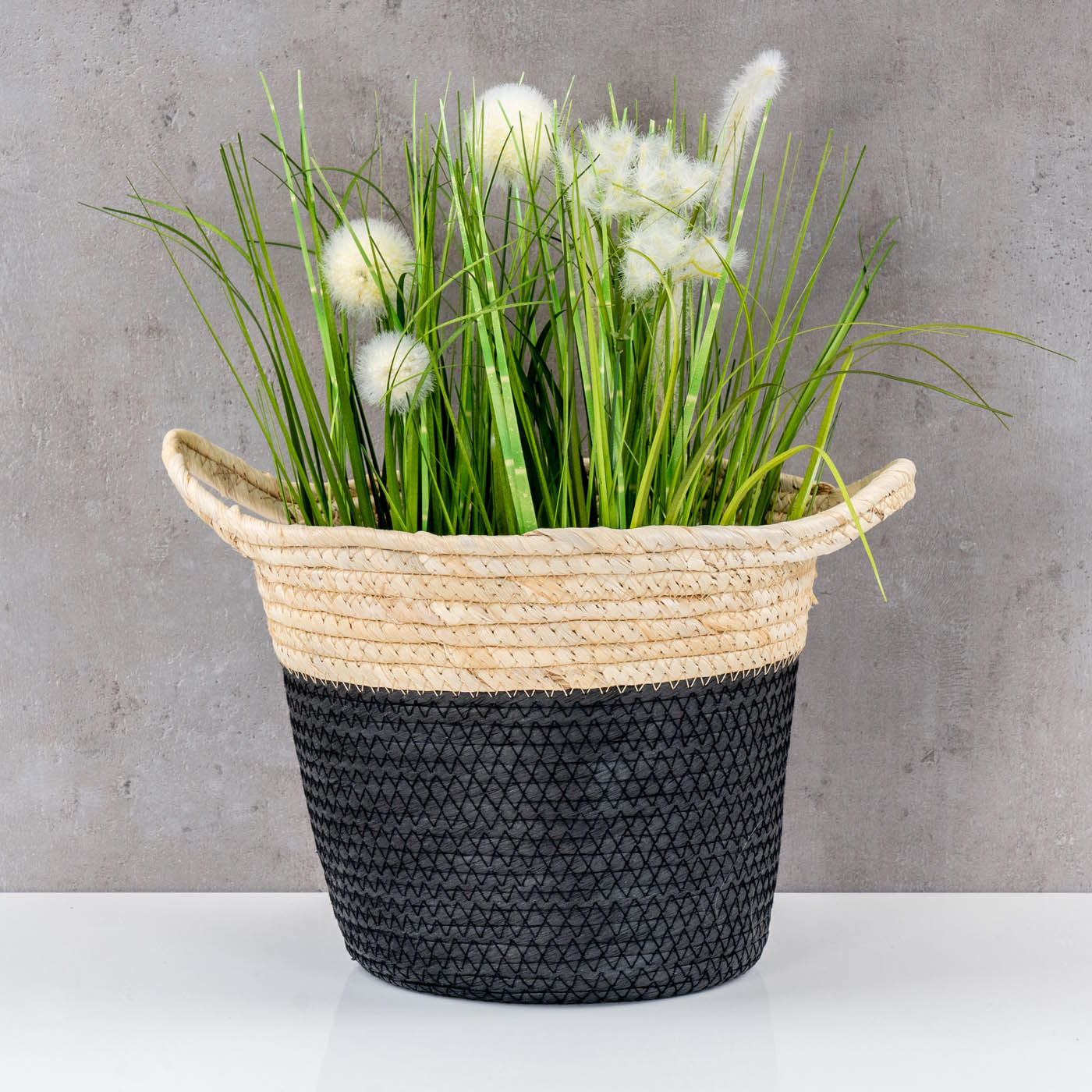 Korb Rund H20cm Natur Schwarz Pflanzkorb Geflochten Aufbewahrung Boho Deko