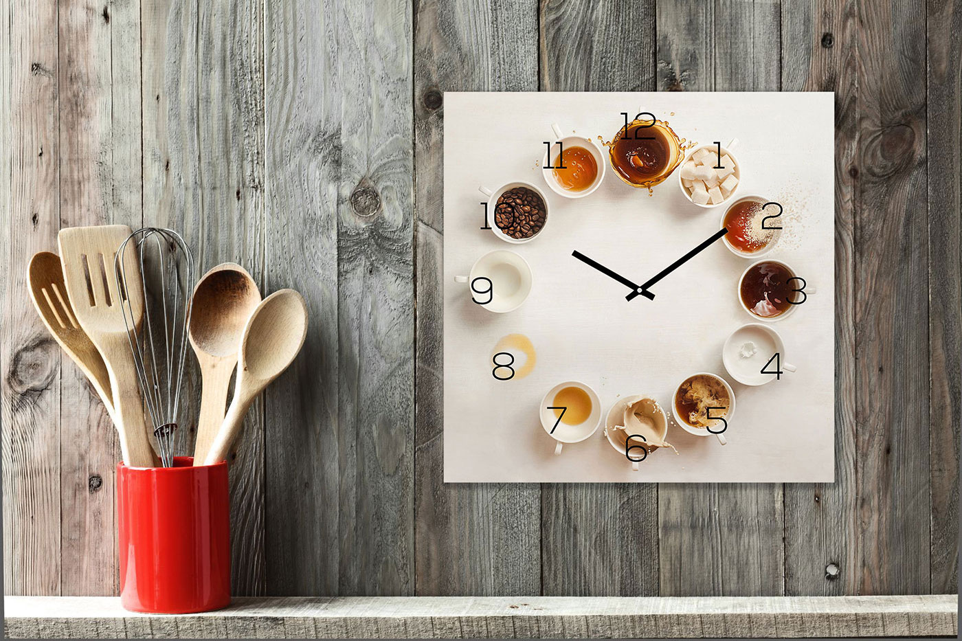 Wanduhr 30x30cm Alu-Dibond Küchenuhr Kaffee Tassen Alubild Uhr Wanddeko Küche