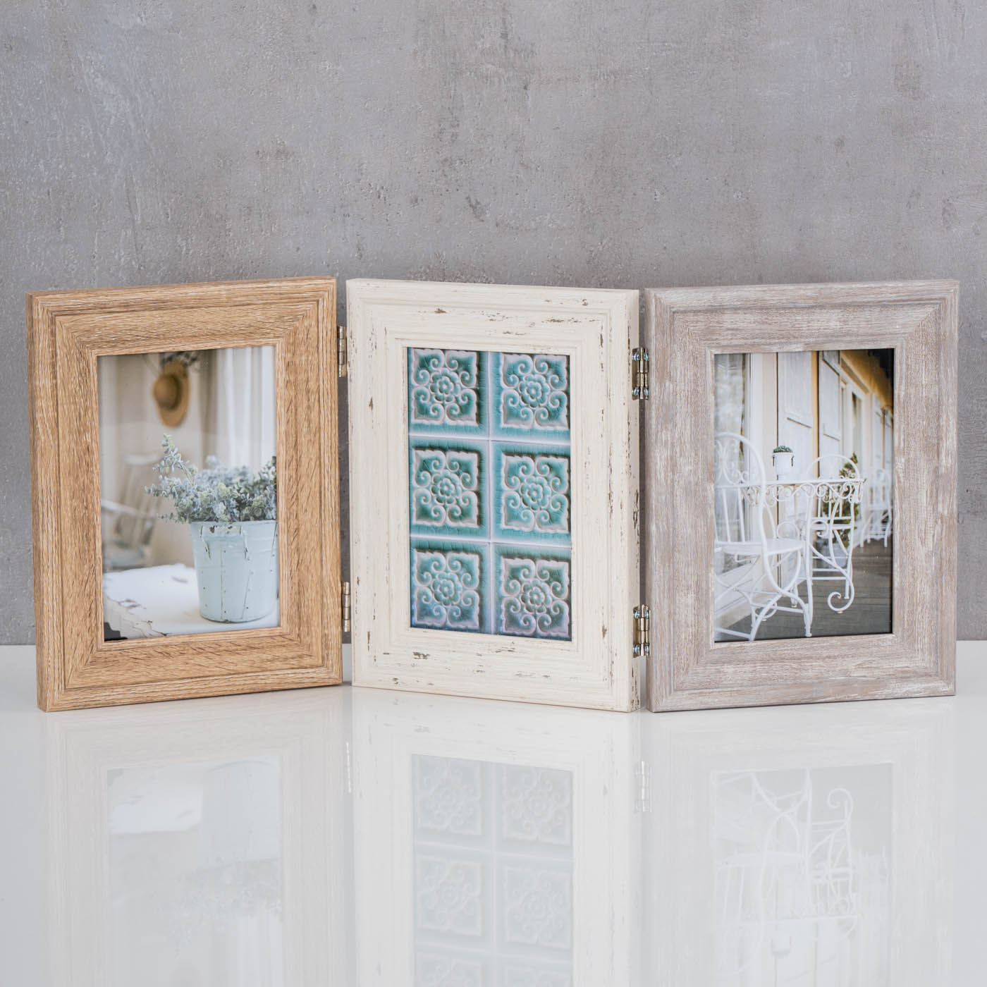 Fotoaufsteller 3 Fotos 10x15 MDF Holz Natur Shabby Chic Vintage Bilderrahmen
