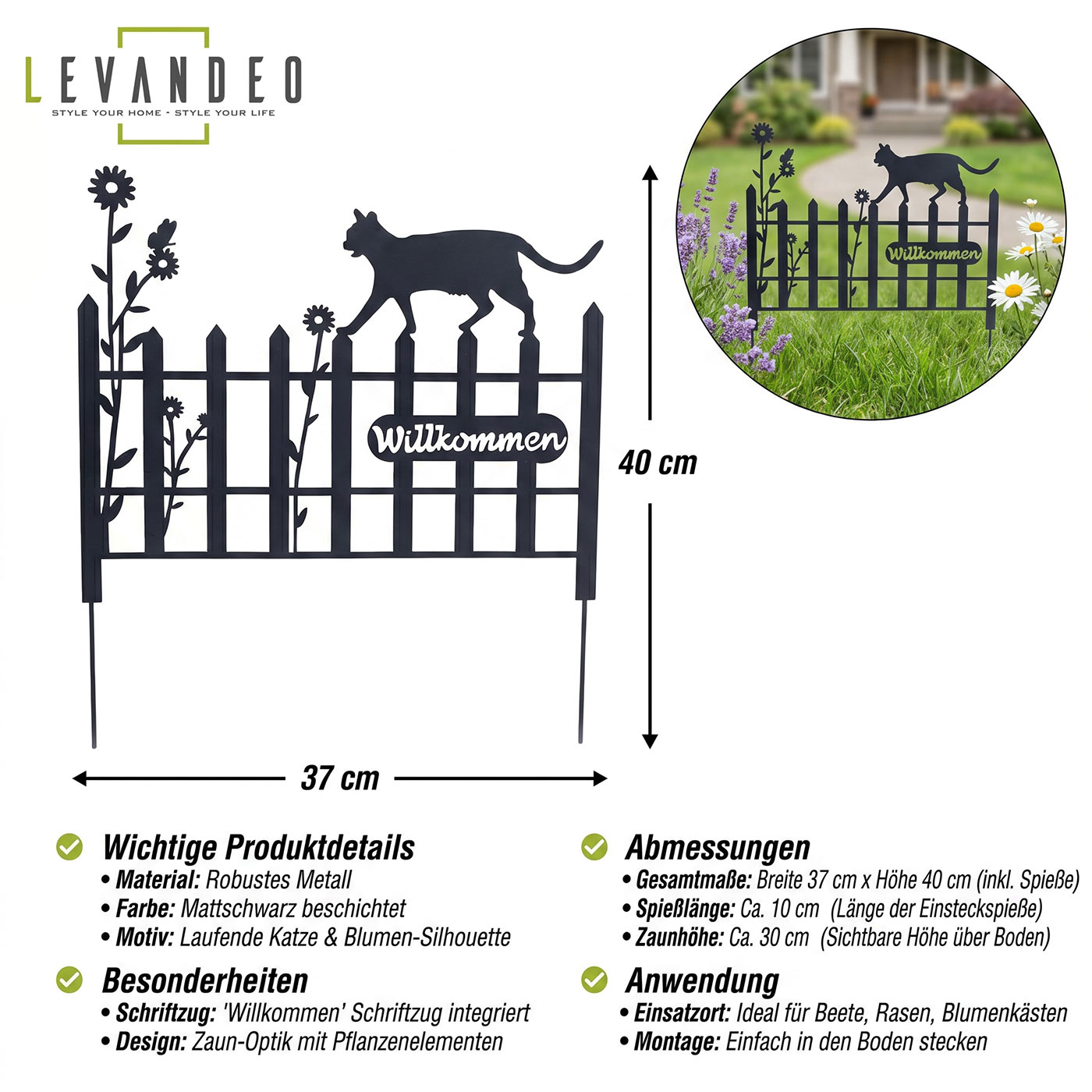 Gartenstecker Metall Katze 37x40cm Garten Zaun Schwarz Willkommen Gartendeko