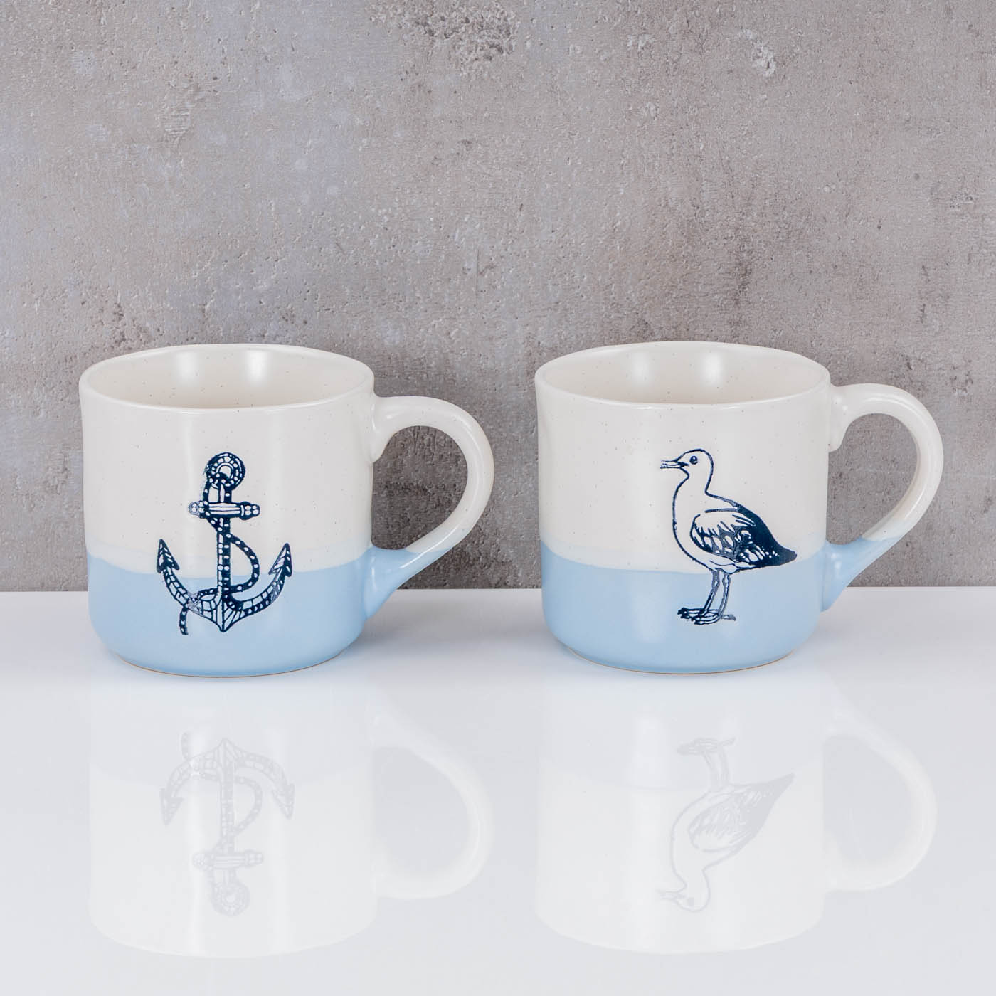 2er Set Tassen Anker Möwe 350ml Steingut Kaffeetasse Becher Blau Maritim Design