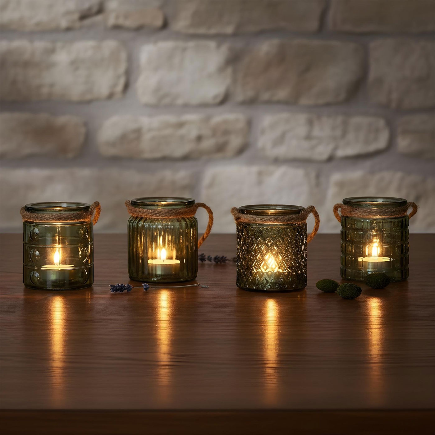 4er Set Windlicht Glas Grün Khaki H10cm Teelichthalter Tischdeko Kerzen Retro Deko