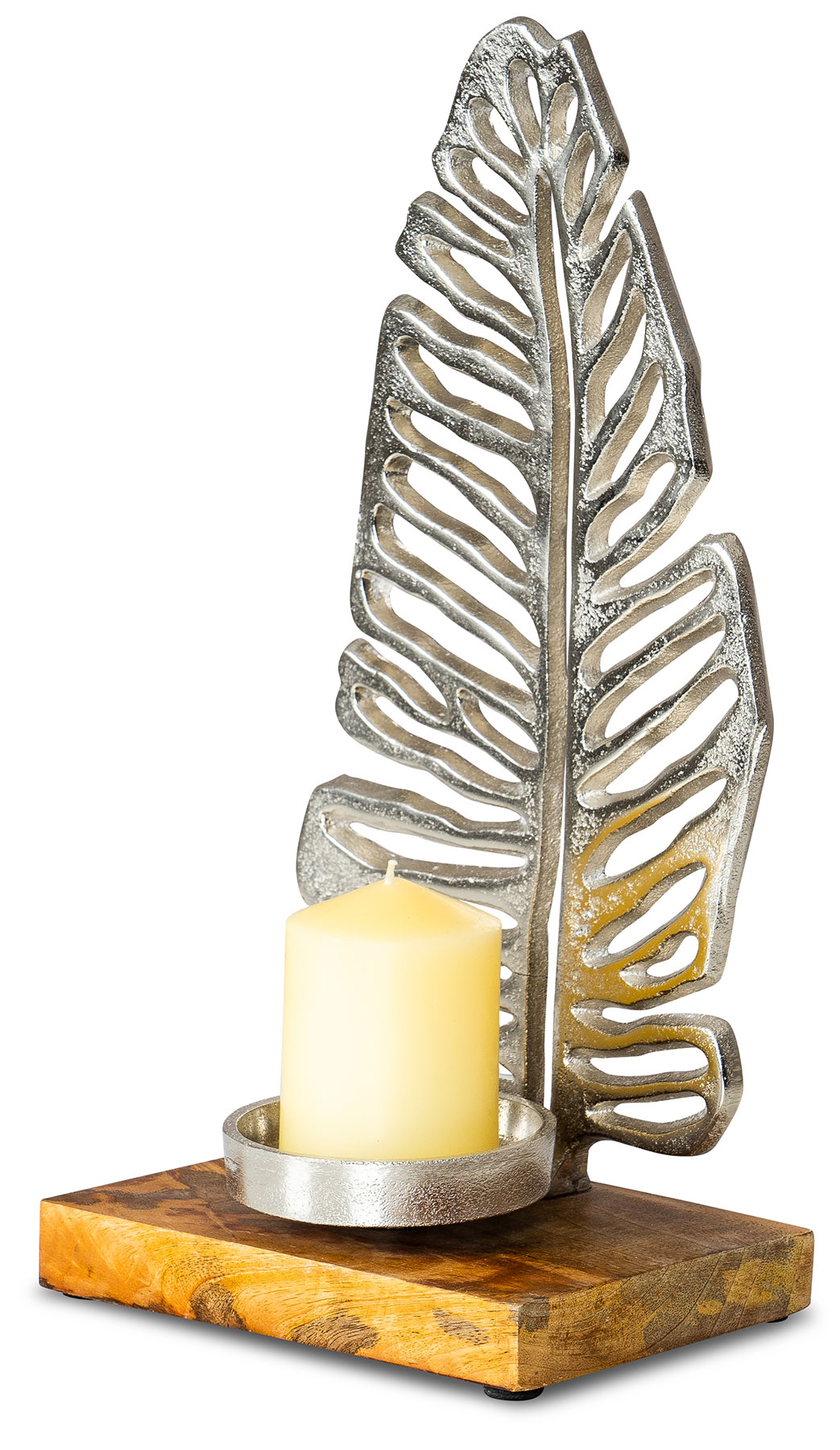 Kerzenständer 35cm Kerzenhalter Mango Holz Blatt Silber Tischdeko Kerzenleuchter