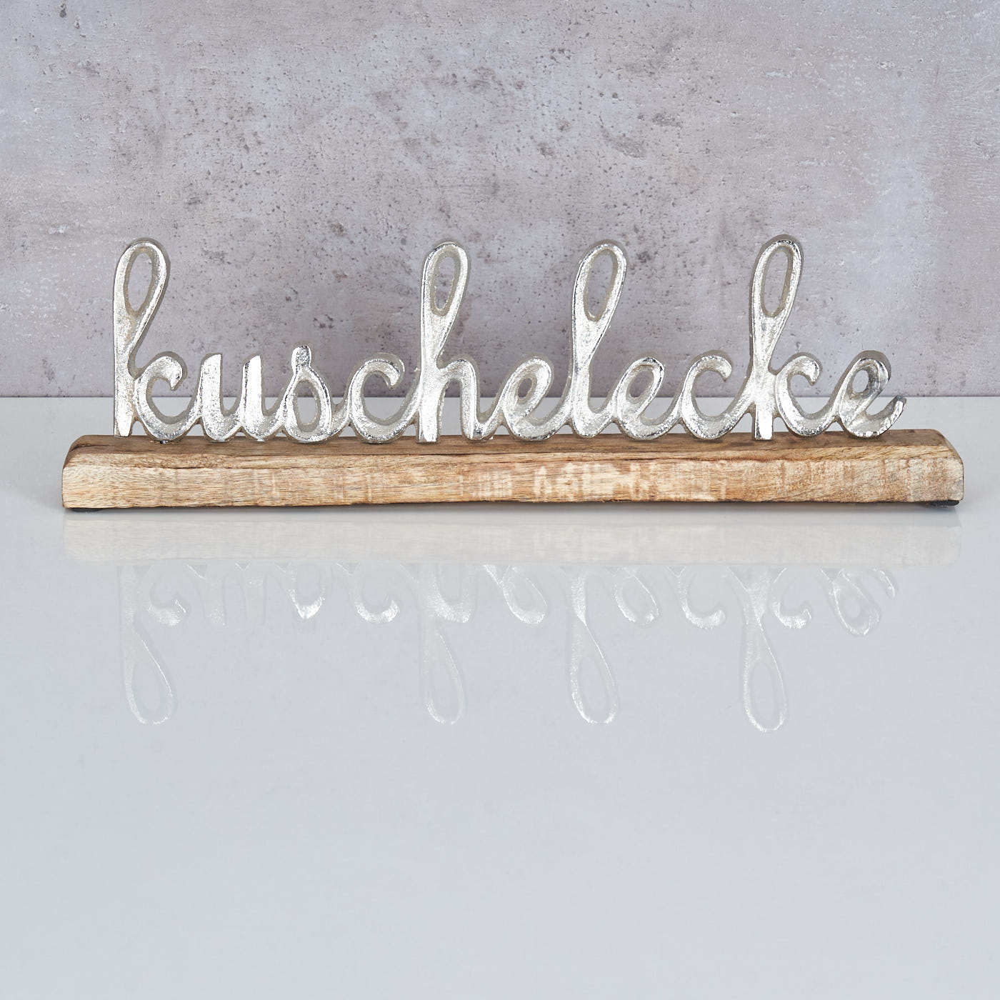 Schriftzug Kuschelecke L40cm Silber Mango Holz Tischdeko Geschenk Aufsteller