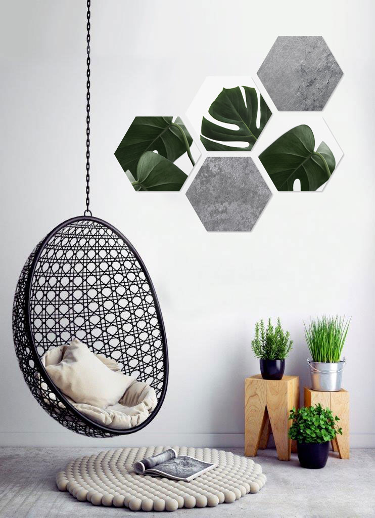 5er Set Wandbilder je 28x32cm Wanddeko Hexagon Monstera Betonoptik Holzbild Deko