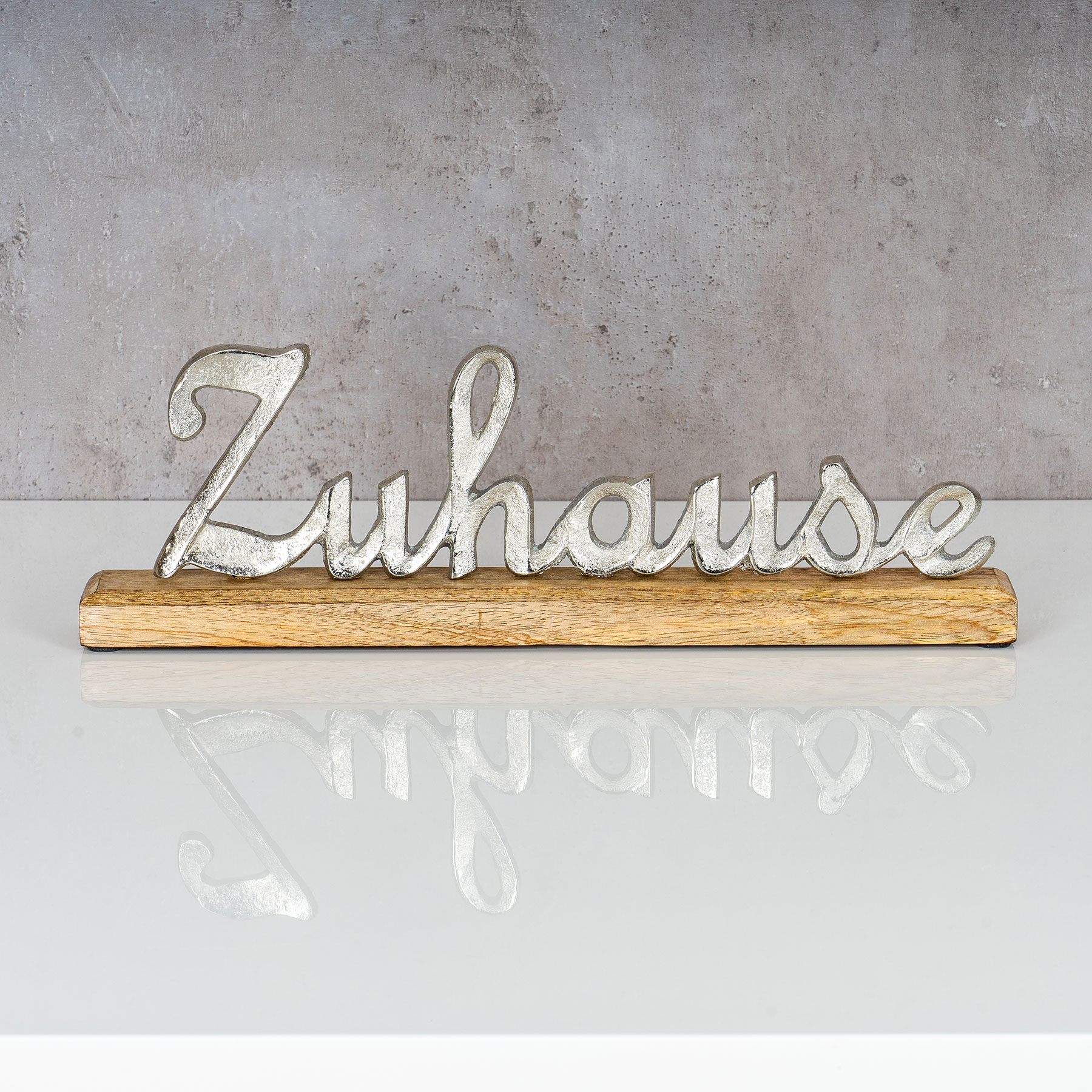 Schriftzug Zuhause L40,5cm Metall Silber Mango Holz Tischdeko Deko Aufsteller
