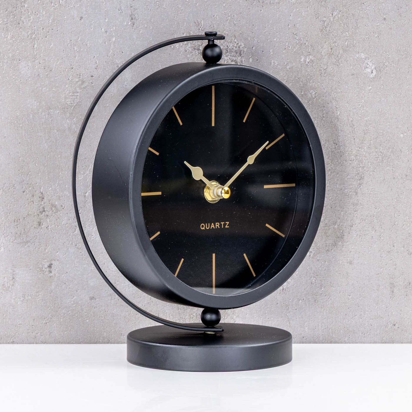 Tischuhr H20cm Schwarz Gold Metall Vintage Retro Metalluhr Analog Standuhr Deko