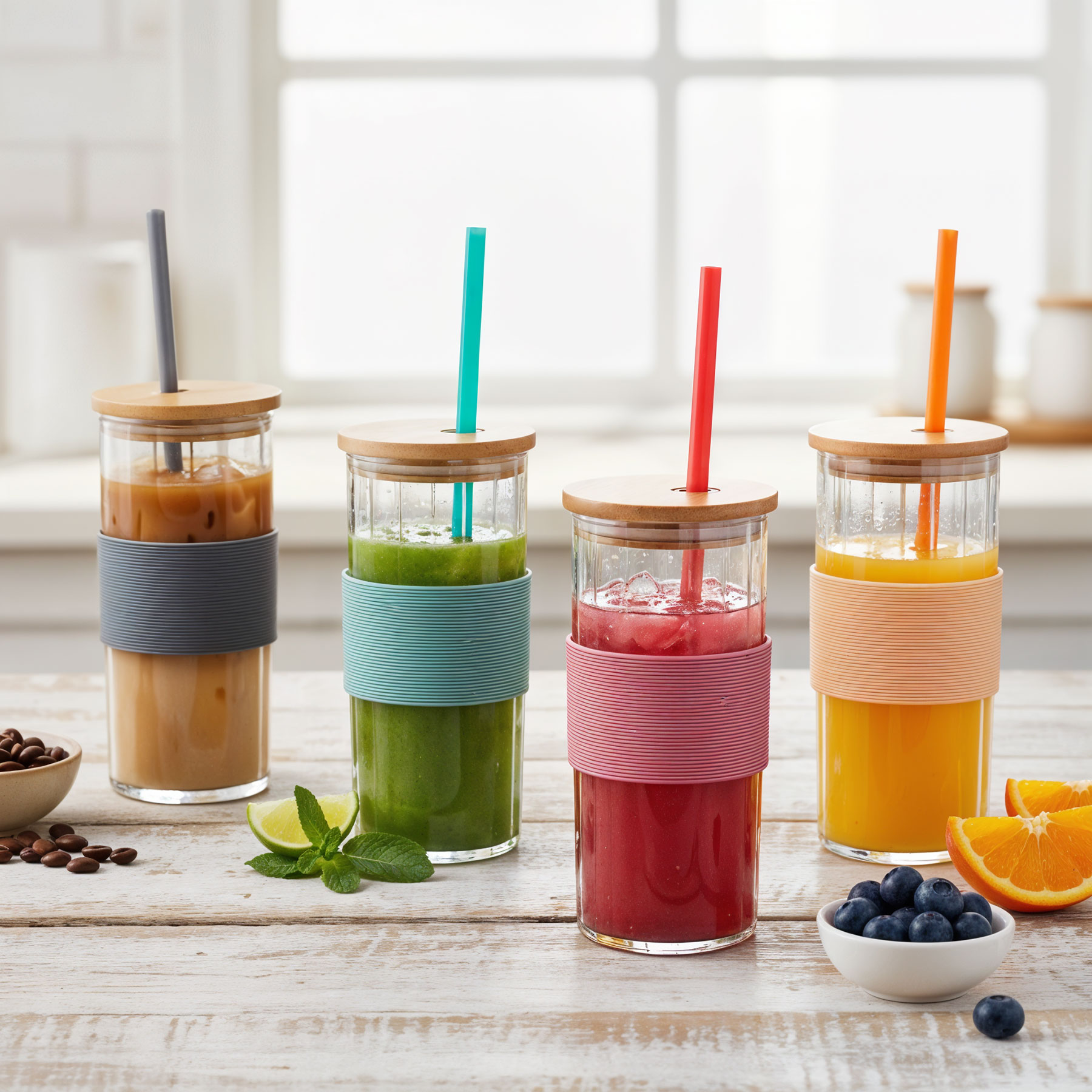 4er Set Glas mit Deckel 400ml Bunt Strohhalm Bambusdeckel Trinkbecher Eiskaffee