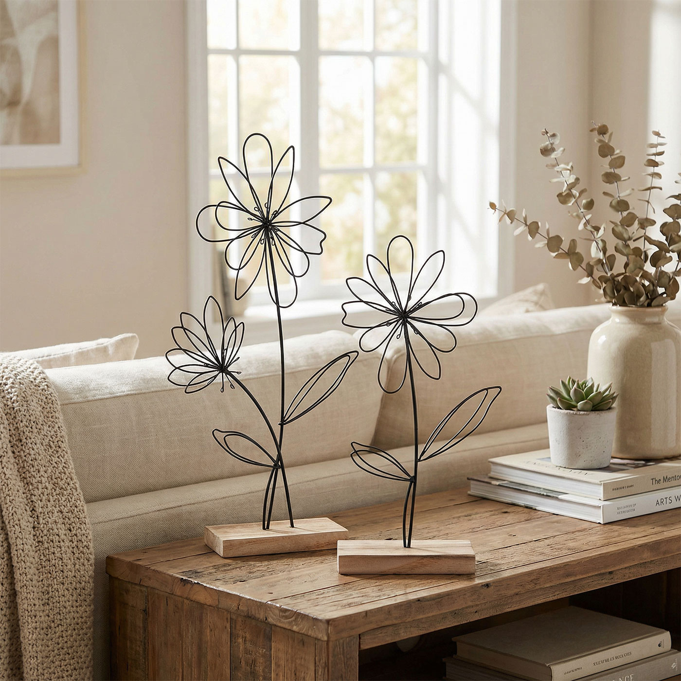 2er Set Deko Aufsteller Draht Blume Metall Holz Schwarz Natur Tischdeko Frühling