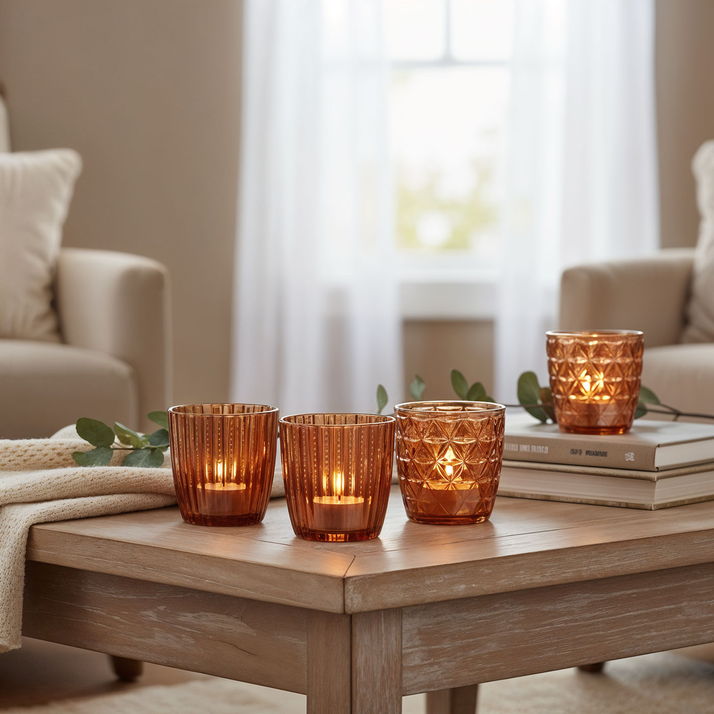 4er Set Windlicht 7,5cm Glas Orange Braun Teelichthalter Tischdeko Kerzen Herbst