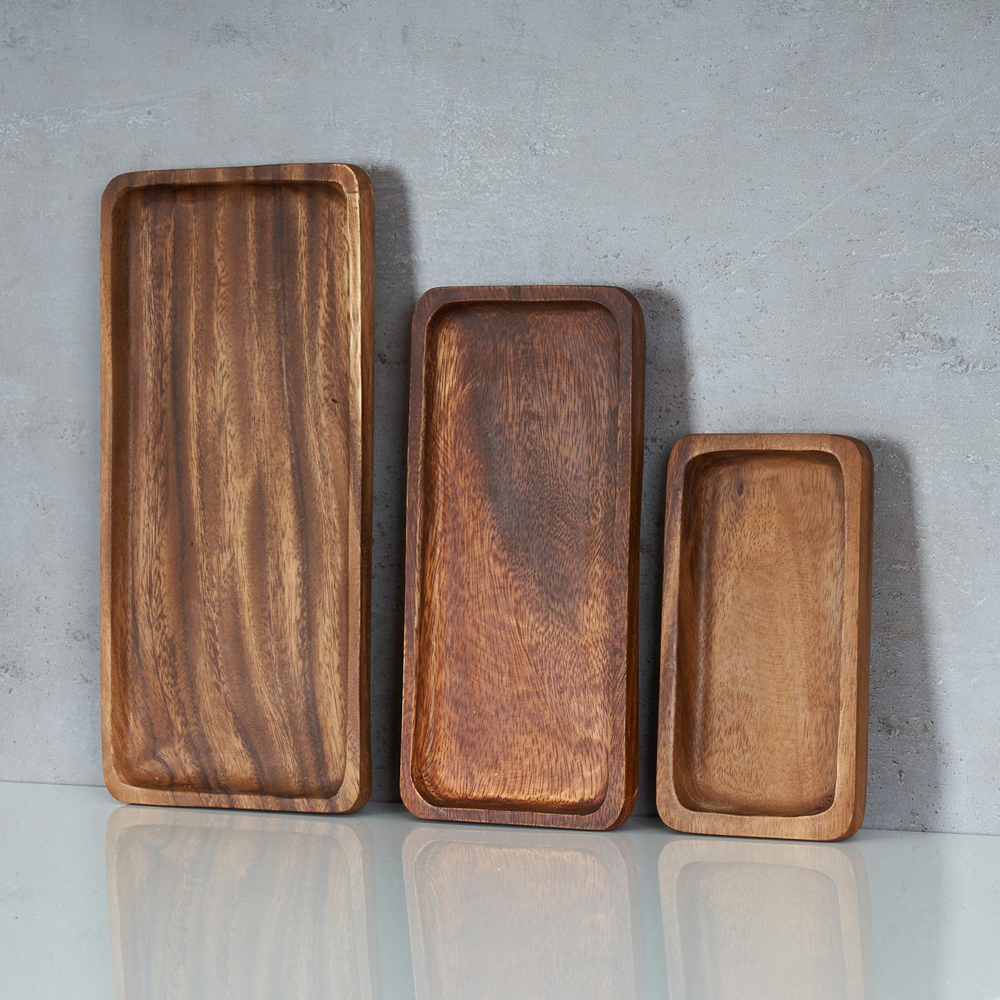 3er Set Tablett rechteckig Holz Akazienholz Holzschale Snackschale Natur Unikat