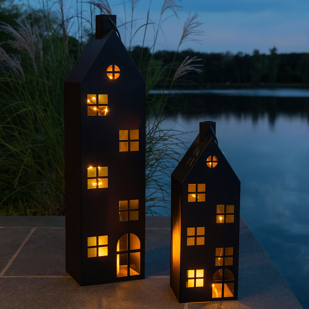 2er Set Laterne Haus H65-95cm Metall Schwarz Deko Windlicht Industrial Style
