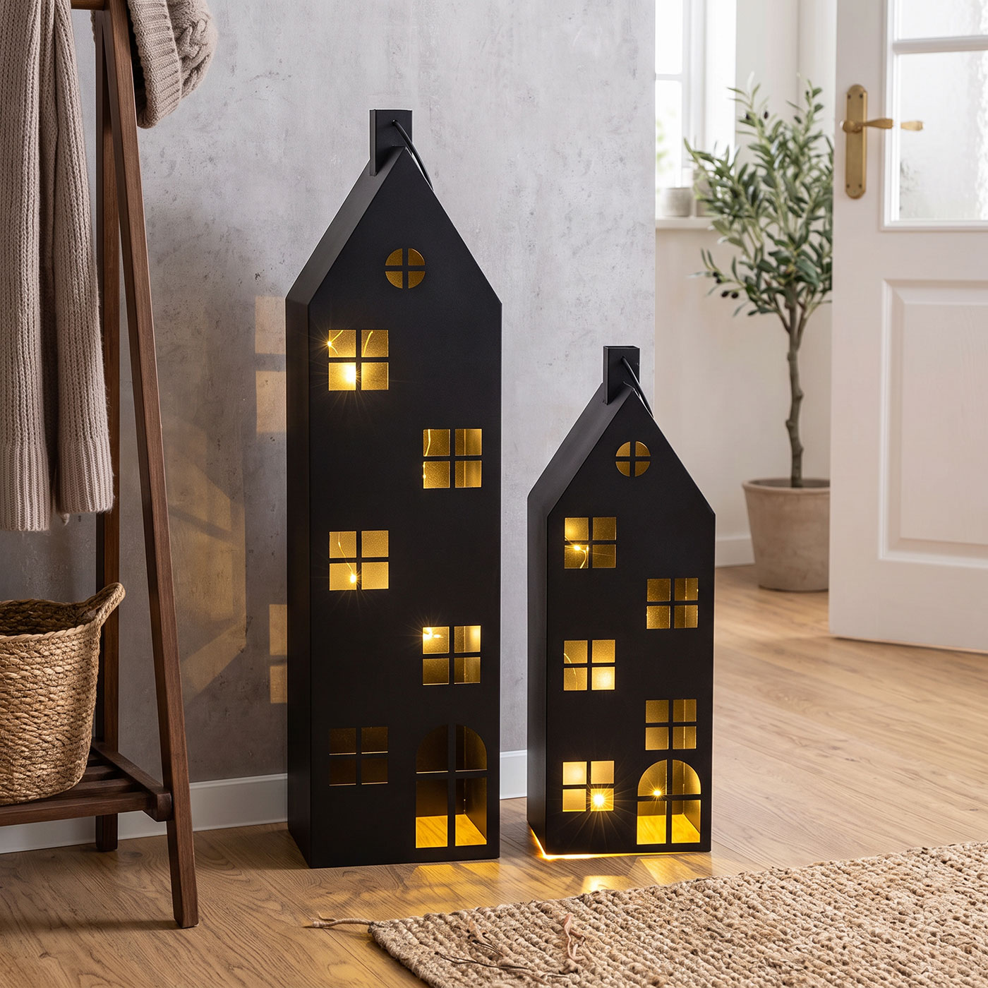 2er Set Laterne Haus H65-95cm Metall Schwarz Deko Windlicht Industrial Style