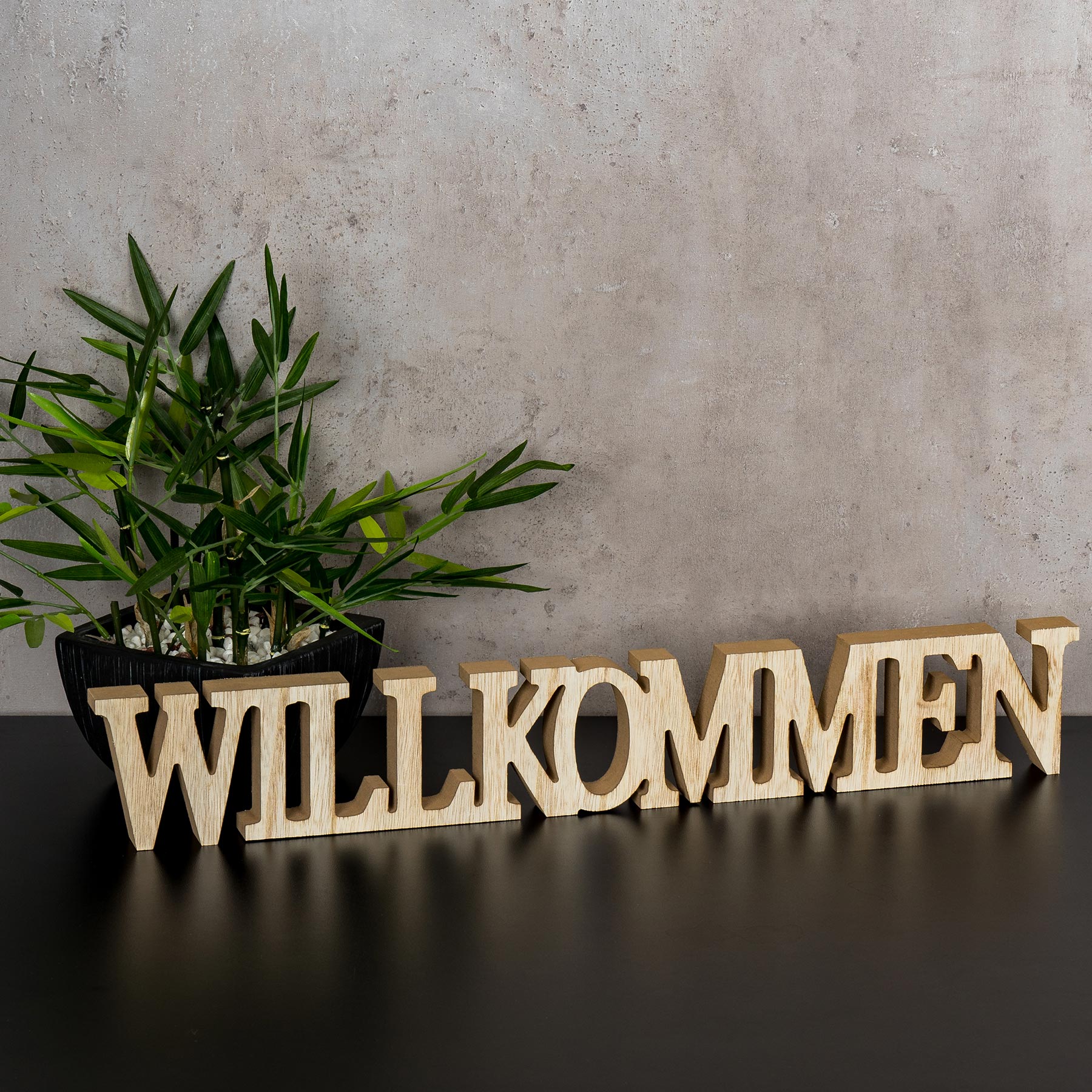 Schriftzug Holz Willkommen 60x9cm Deko Buchstaben Aufsteller Braun Natur