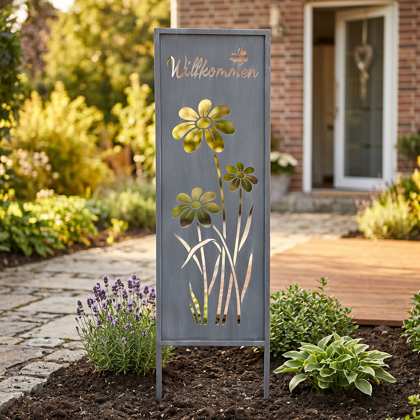 Gartenstecker Willkommen H83cm Stele Grau Betonoptik Garten-Deko Gartenschild