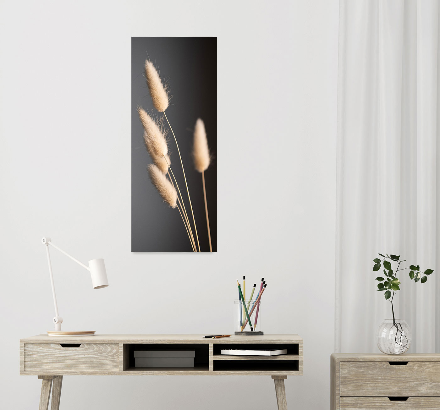 Glasbild 30x80cm Schwarz Pampas Wanddeko Pampasgras Wandbild Nature Gräser Deko