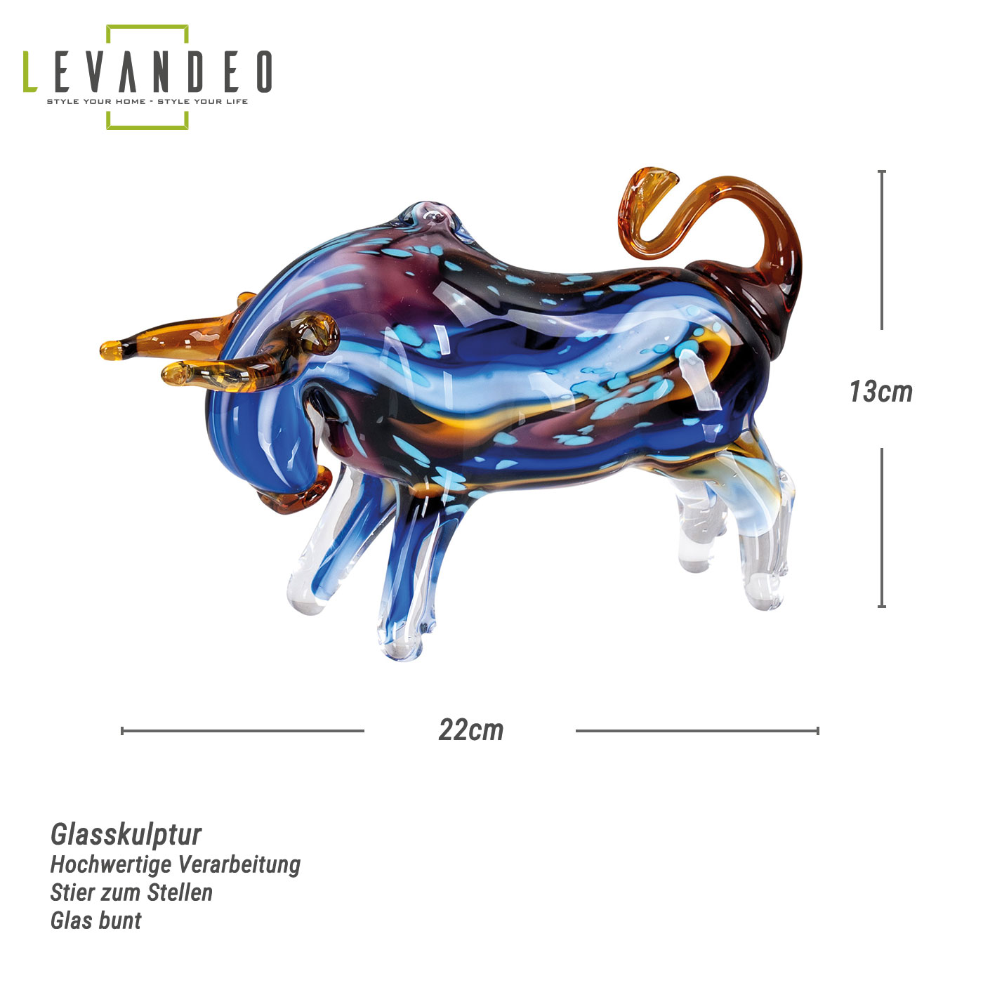 Glasfigur Stier 22x13cm Design Skulptur Bulle Handarbeit Stierfigur Glas Deko Unikat