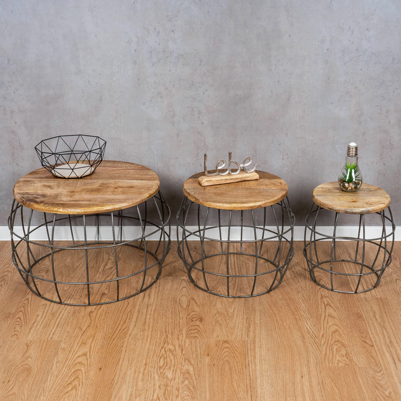 3er Set Couchtische Mango Rund Natur Eisen Metall Design Holz Beistelltisch