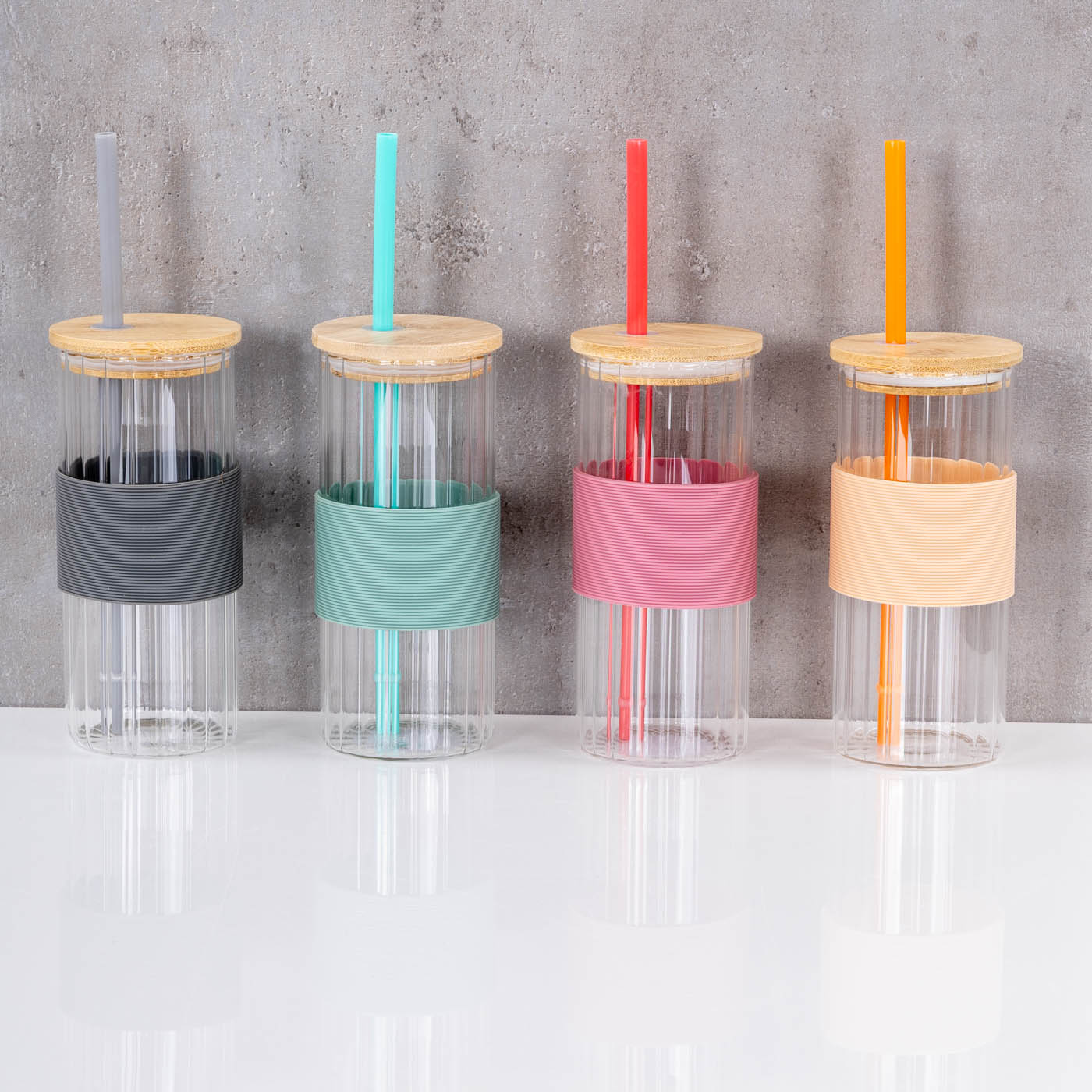 4er Set Glas mit Deckel 400ml Bunt Strohhalm Bambusdeckel Trinkbecher Eiskaffee