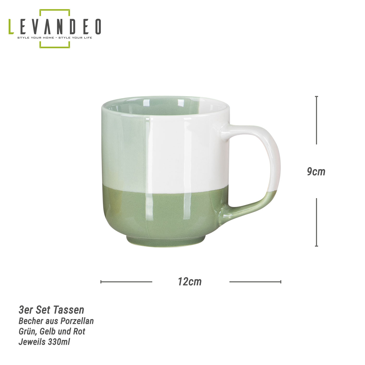 3er Set Bunte Tassen 330ml Porzellan Gelb Grün Rot Kaffeetasse Becher Modern Design