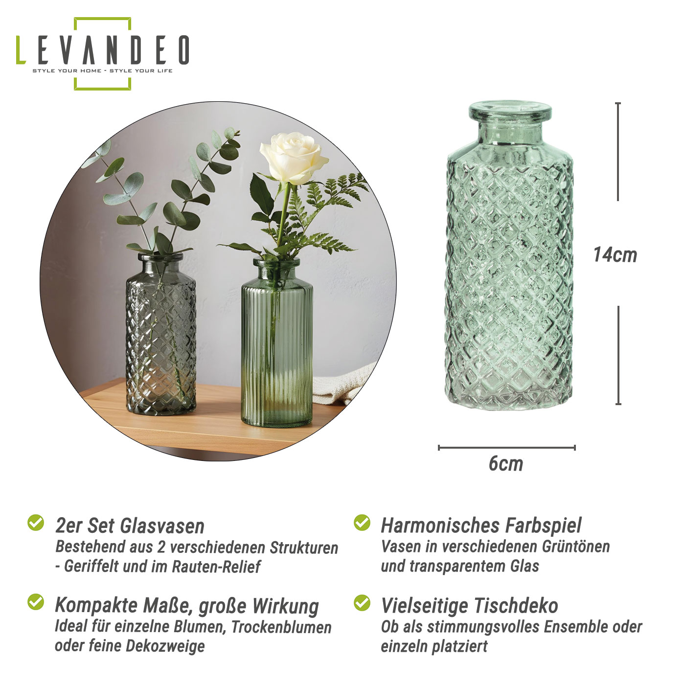 2er Set Vase H14cm Grün Glas Blumenvase Tischdeko Frühling Blumendeko Glasvase