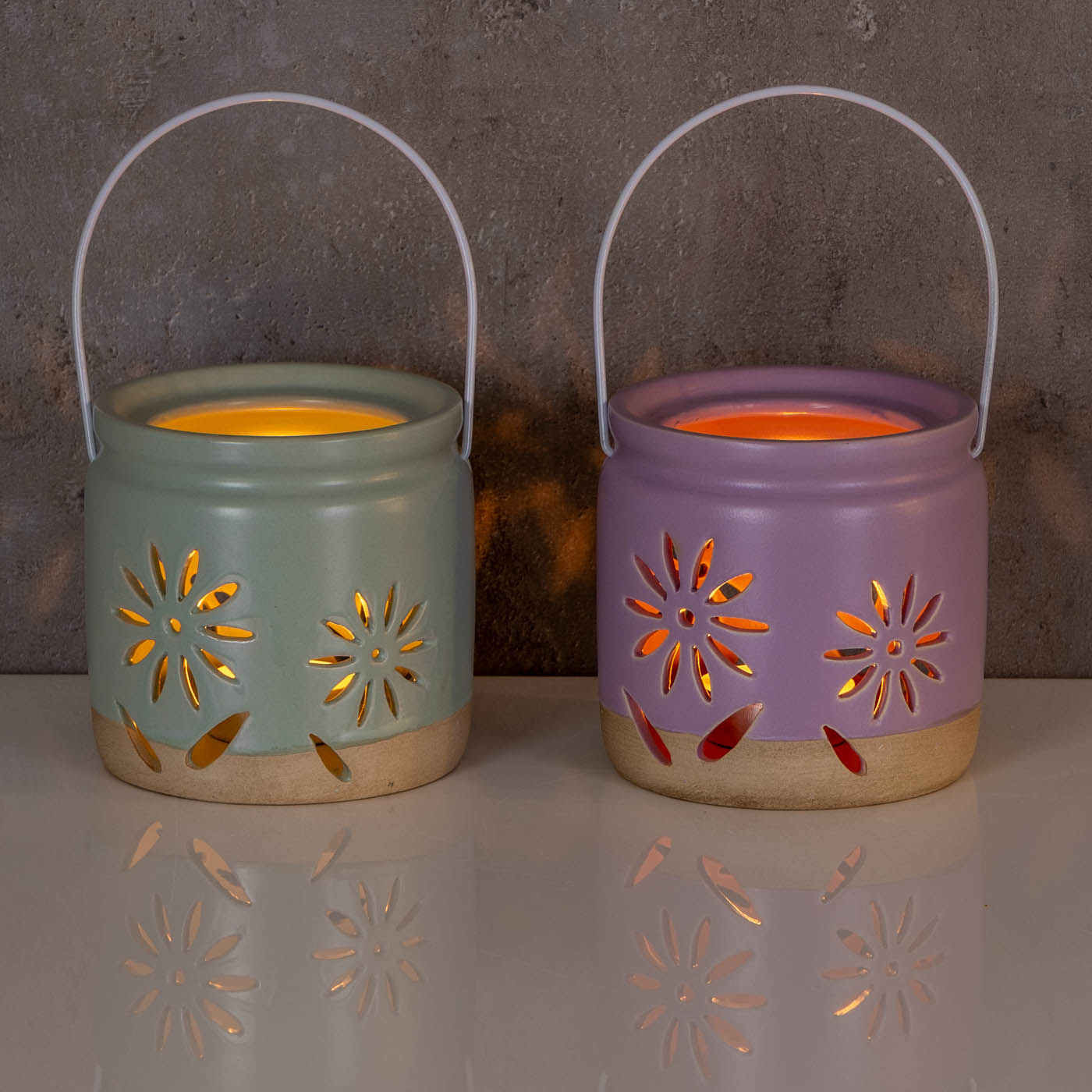 2er Set Windlichter H9cm Lila Grün Porzellan Teelichthalter Blume Frühling Tischdeko