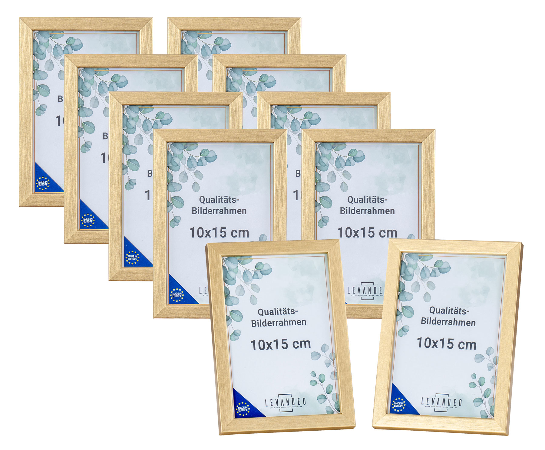 10er Set Bilderrahmen Echtholz Made in EU 10x15 Gold Glasscheibe Holz Fotorahmen