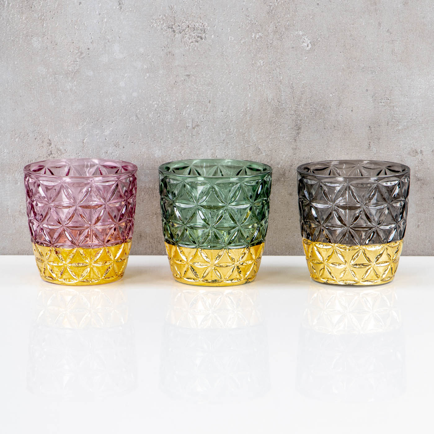 3er Set Teelichthalter Glas Rosa Grün Grau H9cm Kerzenglas Retro Tischdeko Deko