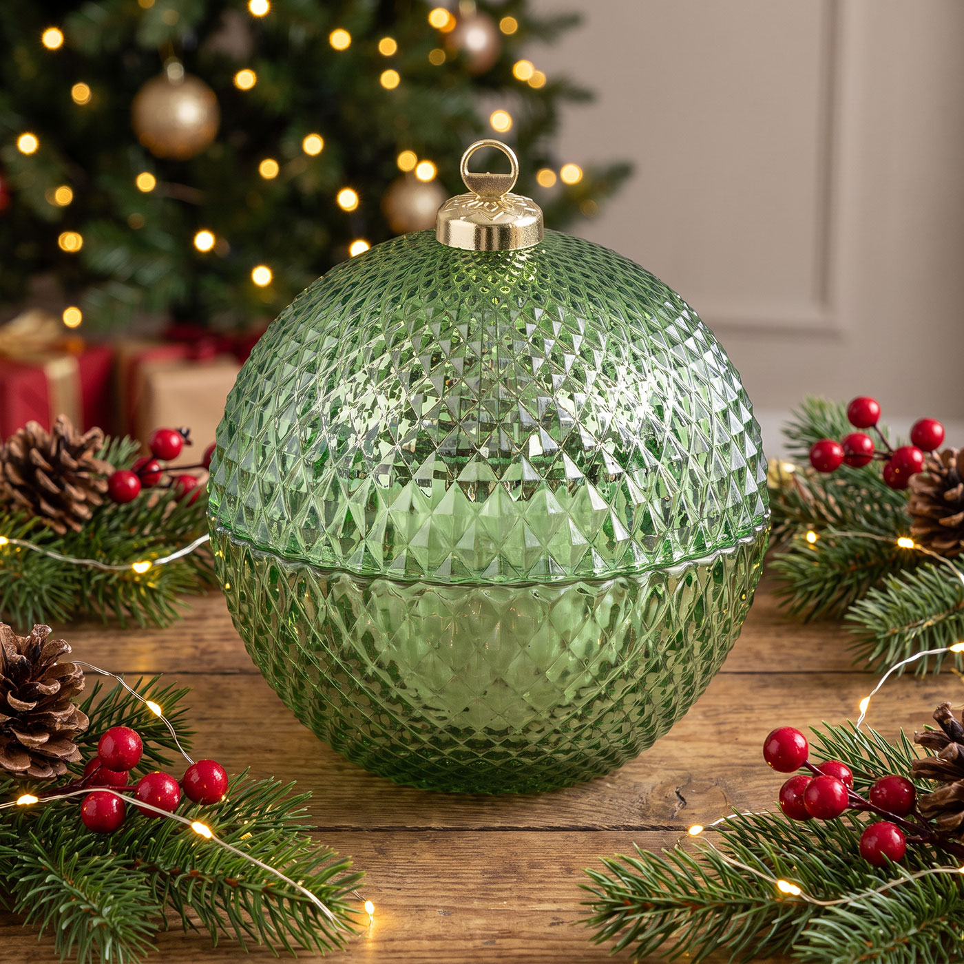 Deko Dose Weihnachten Ø13cm Weihnachtskugel Bonbon Glas Grün Tischdeko Candy Bar