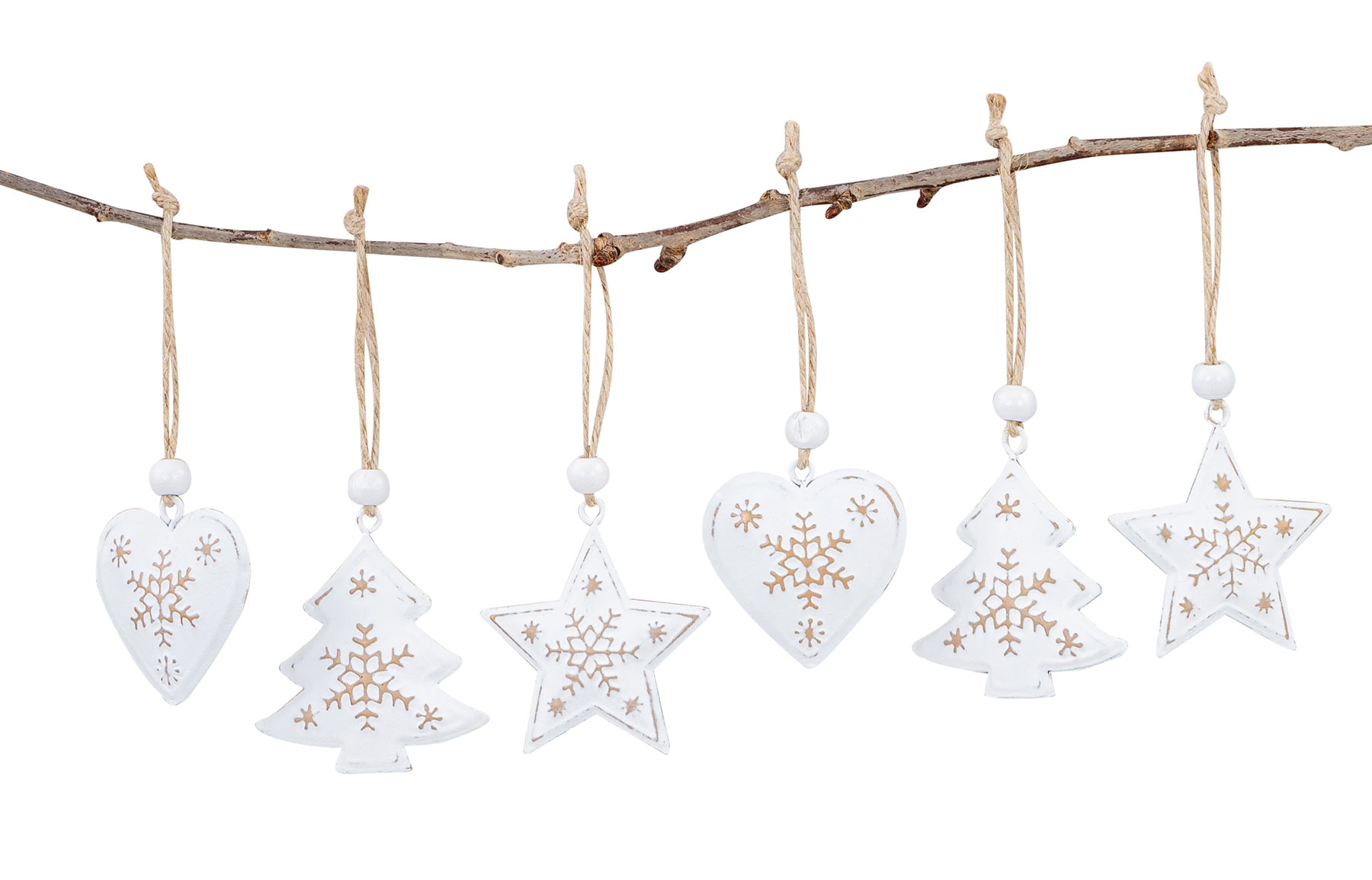 6 Weihnachtsanhänger Metall Weiß Gold Baumschmuck Weihnachtsbaum Stern Herz Deko