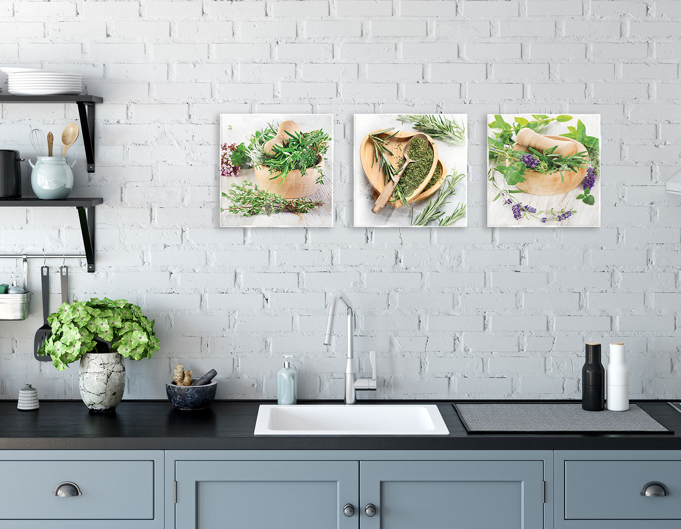 Wandbild 3er Set je 30x30cm Glas Kräuter Schüssel Küche Deko Glasbild Wanddeko