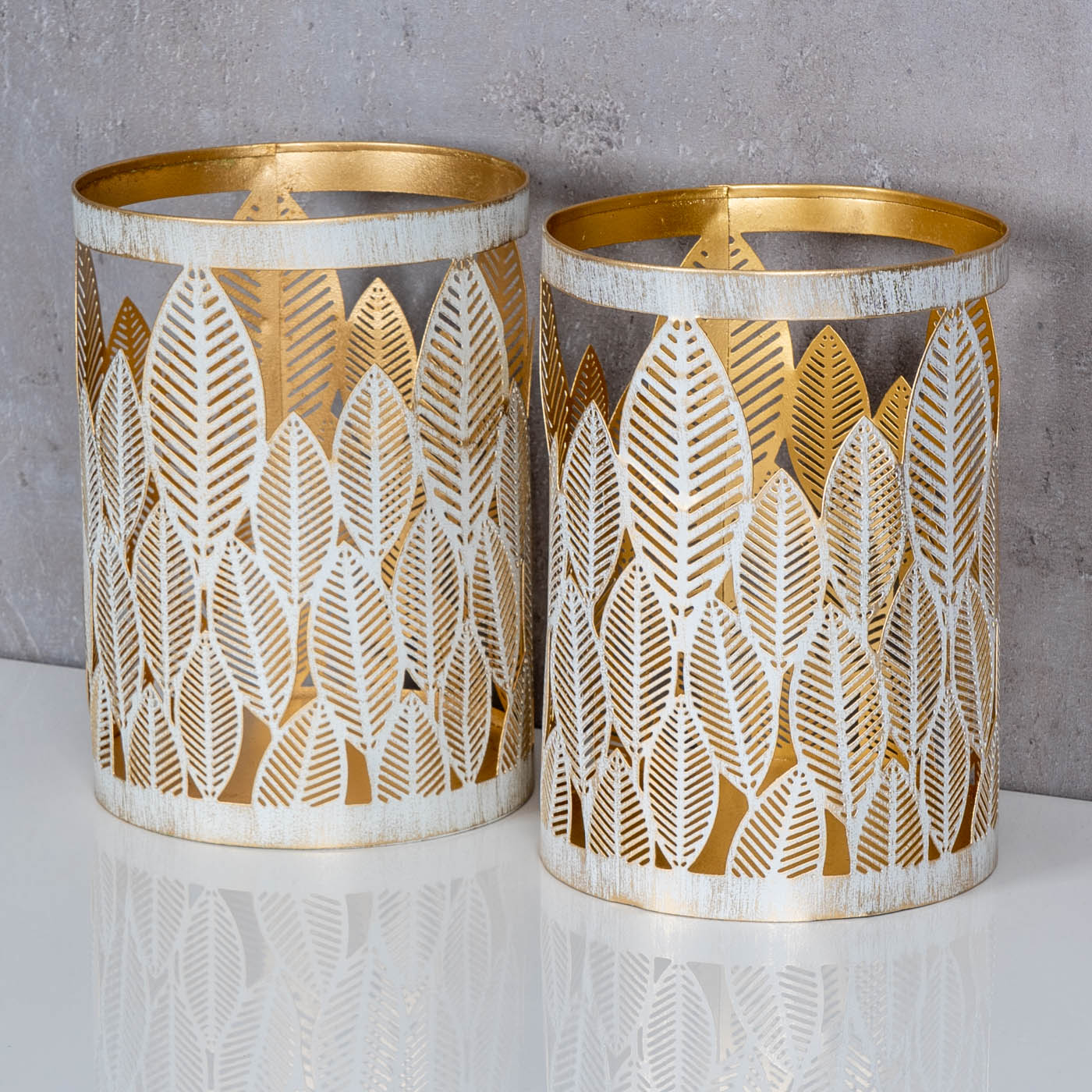 2er Set Windlicht 13x18cm Weiß Gold Metall Teelichthalter Blattdekor Tischdeko