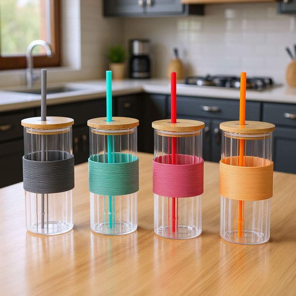 4er Set Glas mit Deckel 400ml Bunt Strohhalm Bambusdeckel Trinkbecher Eiskaffee