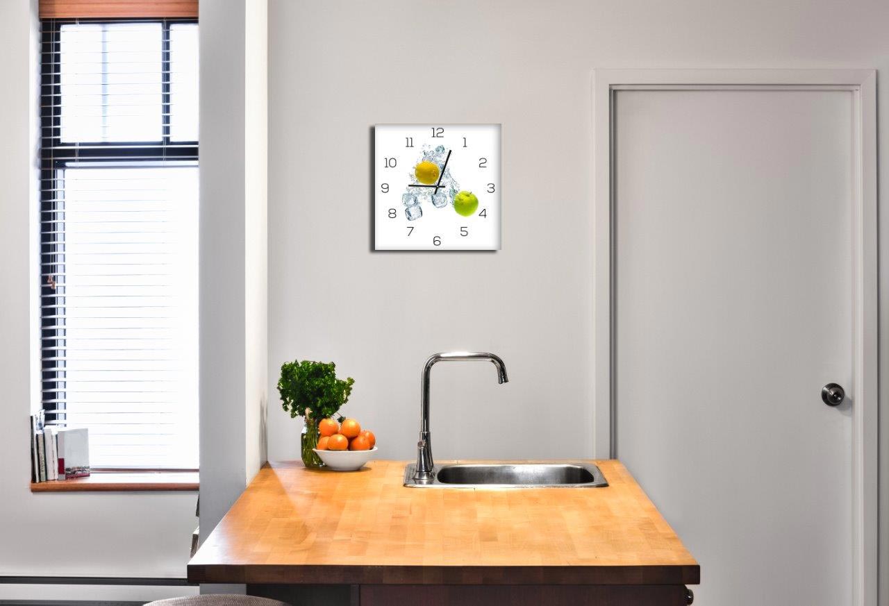 Wanduhr aus Glas 30x30cm Uhr als Glasbild Küche Apfel Zitrone Zitrus