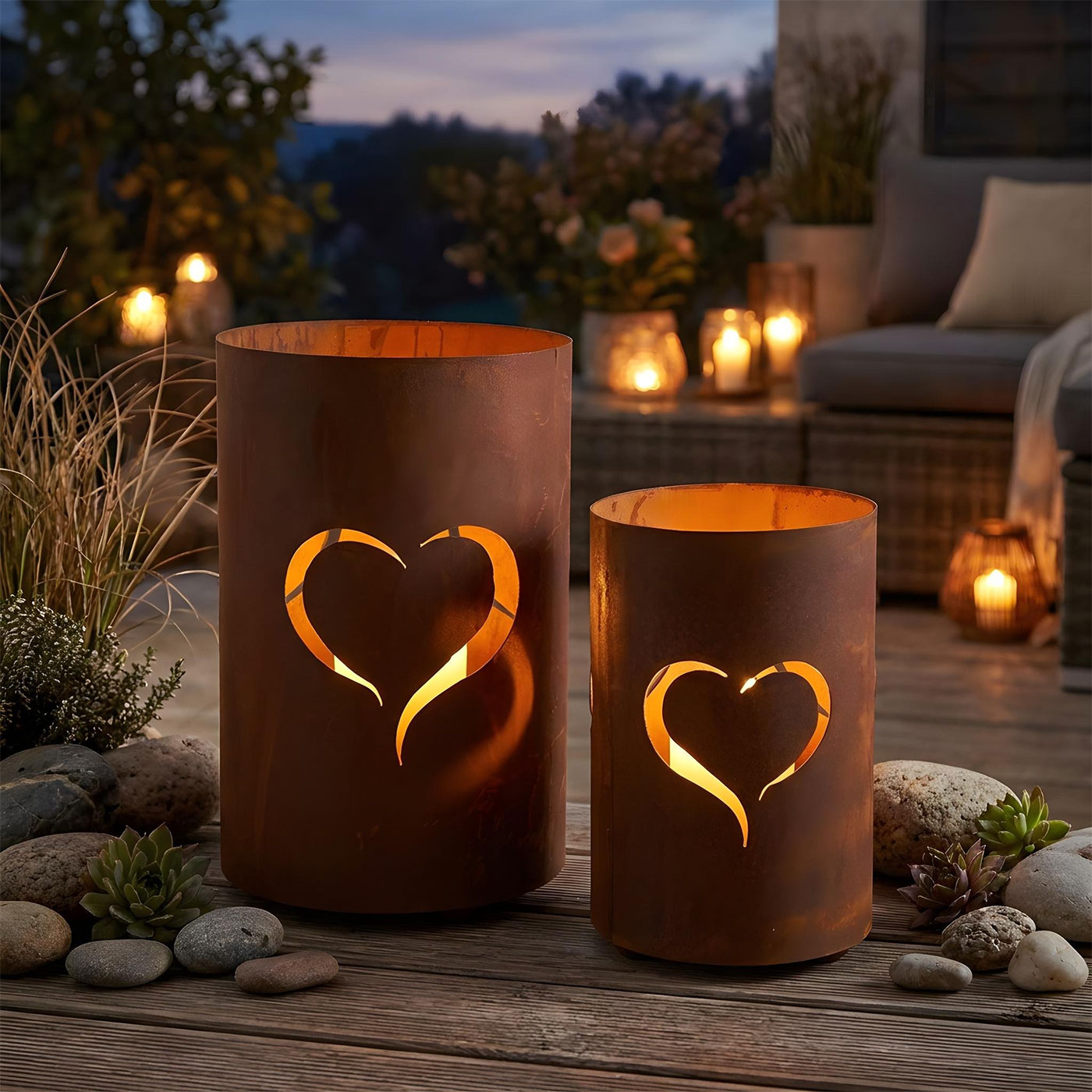 2er Set Windlichter Herz H32/24cm Metall Rostoptik Laternen Outdoor Gartendeko